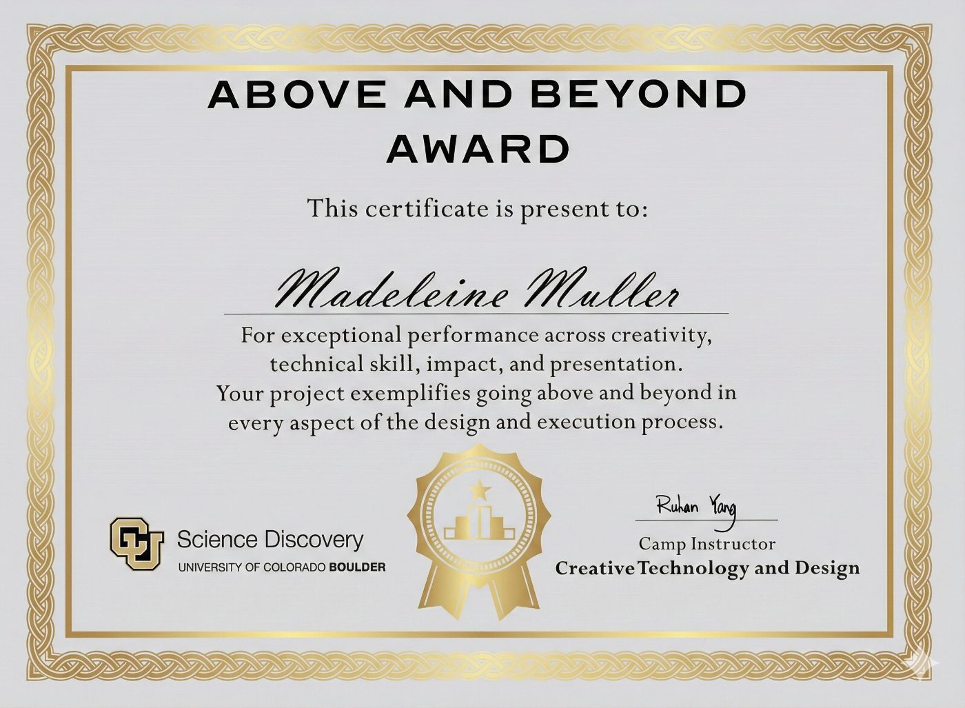 Above and Beyond Award certificate from CU Science Discovery